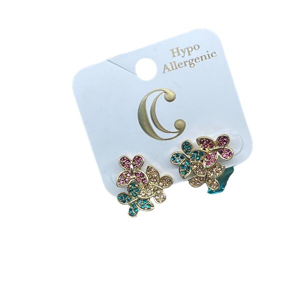 Charming Charlie MSRP $16 Gold Tone Hypoallergenic Floral Stud Earrings With Mul - Picture 6 of 7